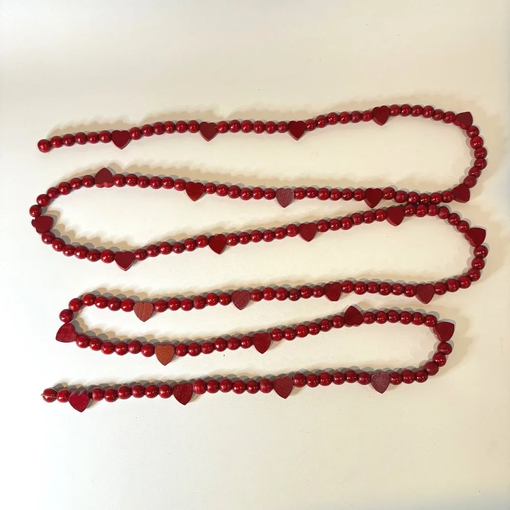 Red Wooden Bead Heart Garland 6ft Rustic Farmhouse Christmas Valentine Decor